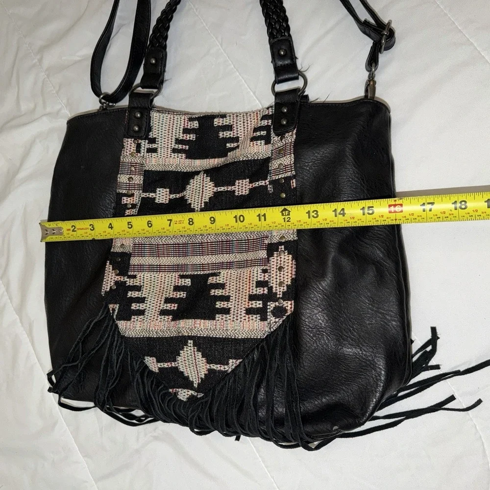 Black Faux Leather Fringe Bag Aztec Purse Hobo Boho Women's Shoulder Bag